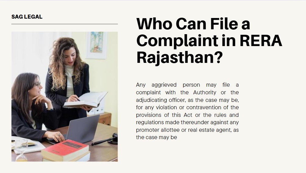 Details showing who can file a complaint under RERA in Rajasthan, including homebuyers, builders, real estate agents, and investors, against issues like project delays, false advertising, or contract violations, with a background of a cityscape representing Rajasthan's real estate sector